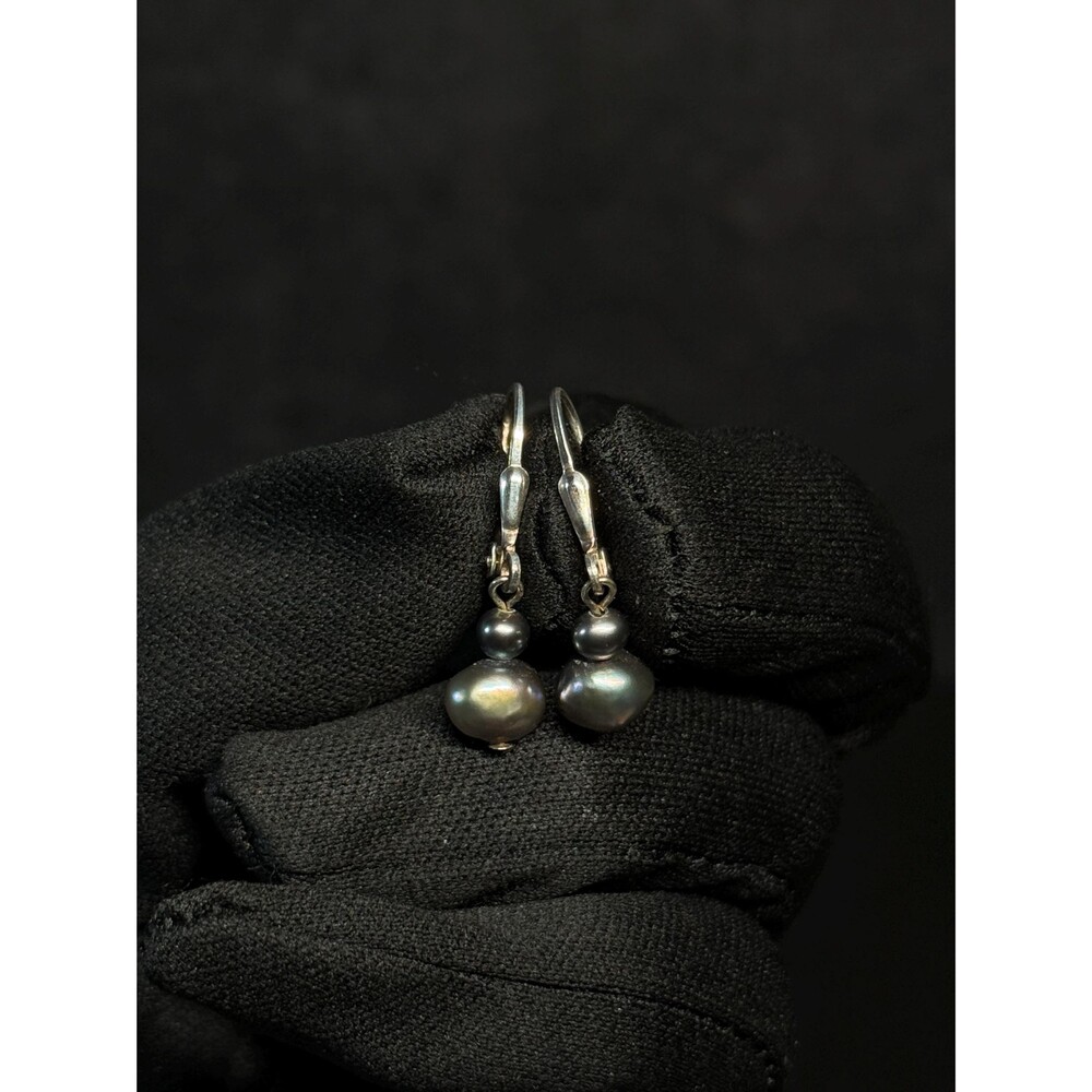 Sterling Silver Black Freshwater Pearl Drop Earrings Leverback